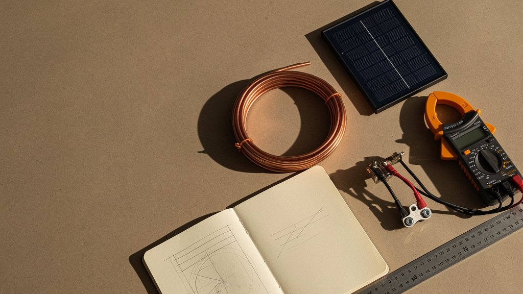 A solar planning workspace with panel sample, copper cable, clamp meter, and engineering notebook under warm morning light