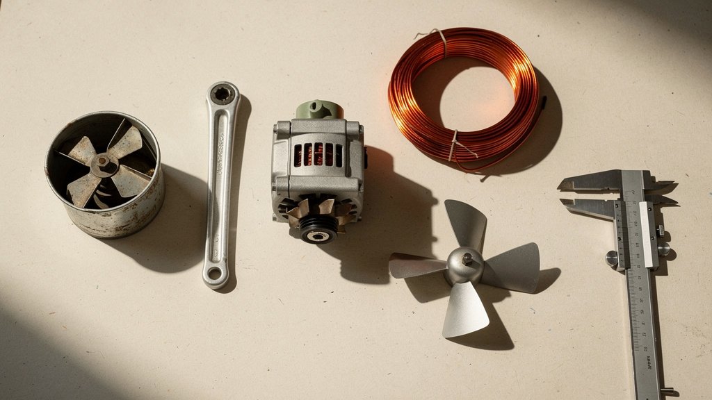 A field specimen board of DIY energy components including water wheel cup, bicycle crank, alternator, copper wire, and turbine blade