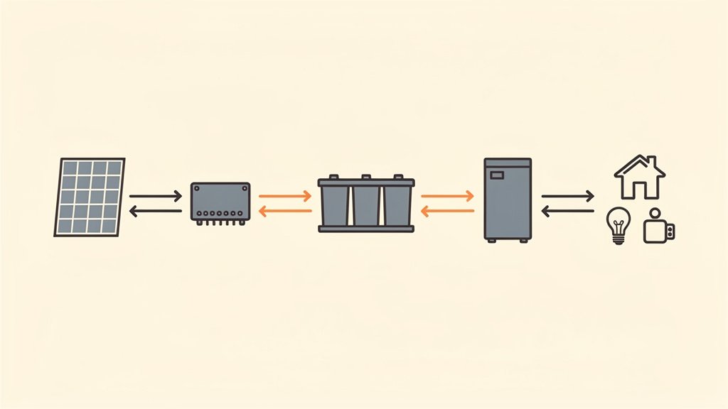 One-line diagram of a solar battery power system from panels through controller, battery, and inverter to loads