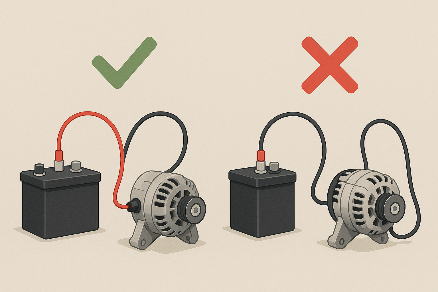 Car alternator generator connected to a battery for charging.