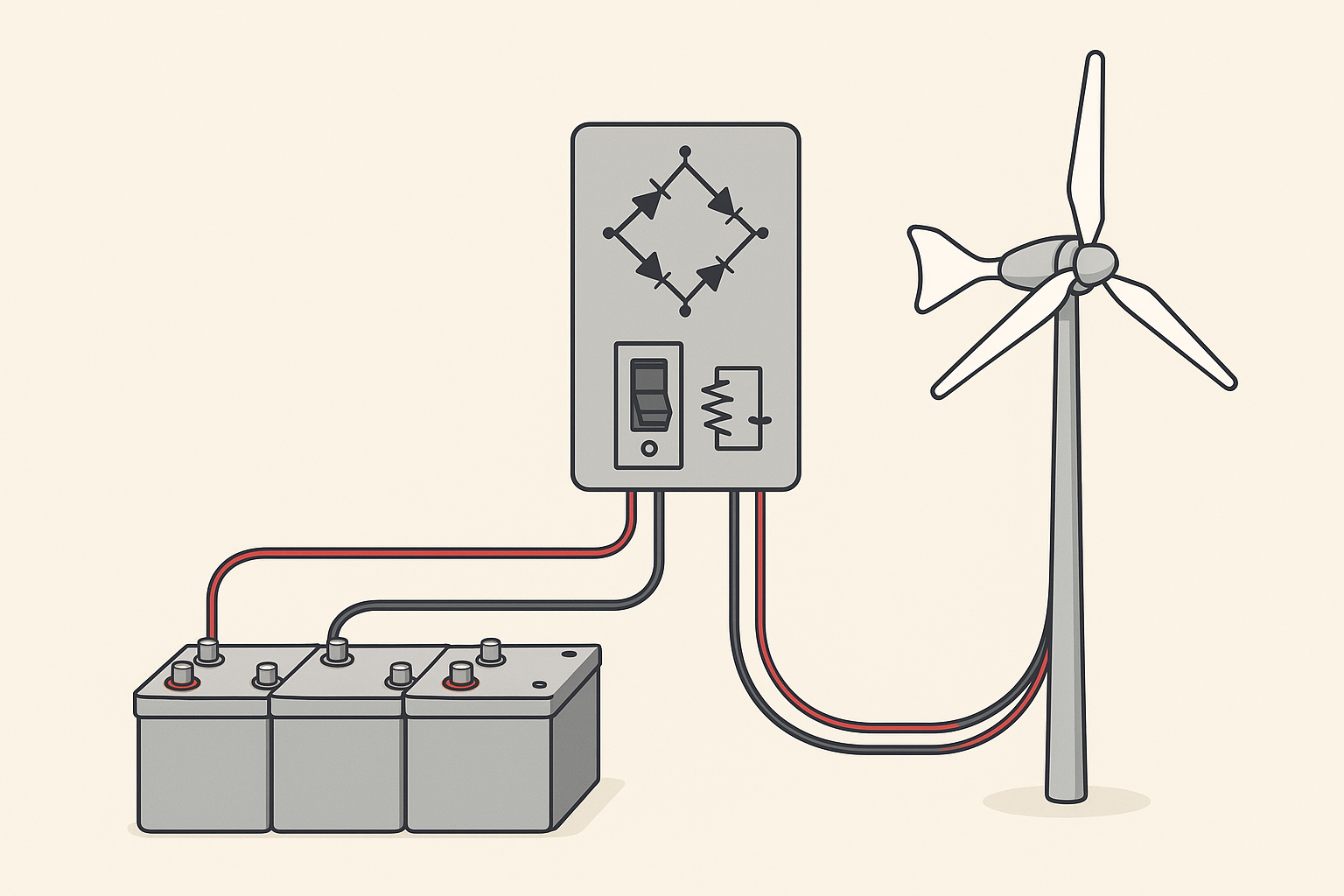 Small wind turbine system with tower, charge controller, and battery bank.
