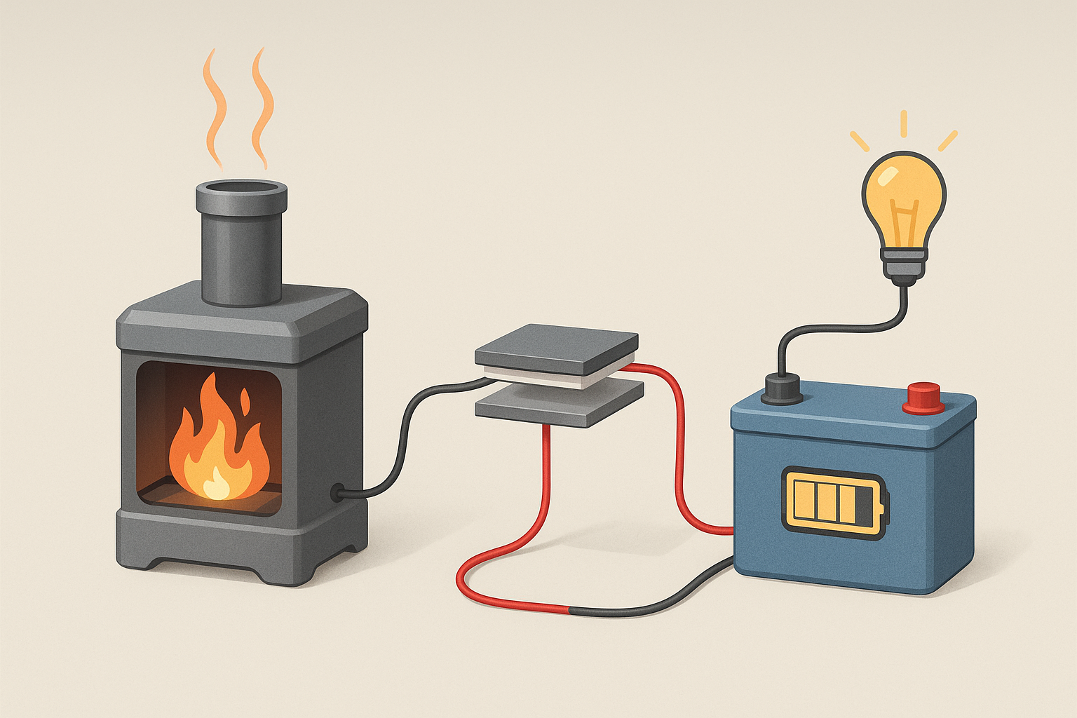 Thermoelectric generator setup charging a battery with a heat source and heat sink.