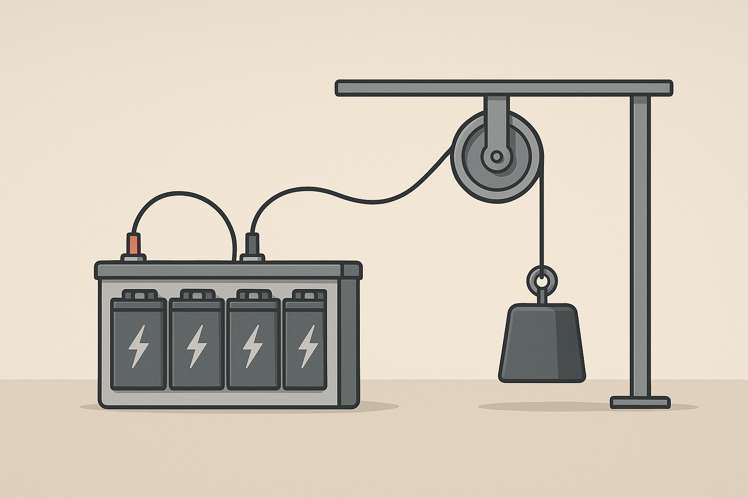 Gravity energy storage system with weight, pulley, and generator.