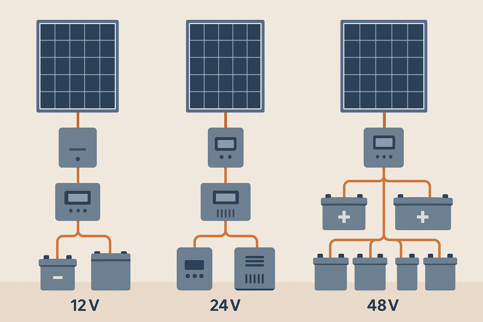 Comparison of 12V, 24V, and 48V solar battery configurations with inverter wiring.