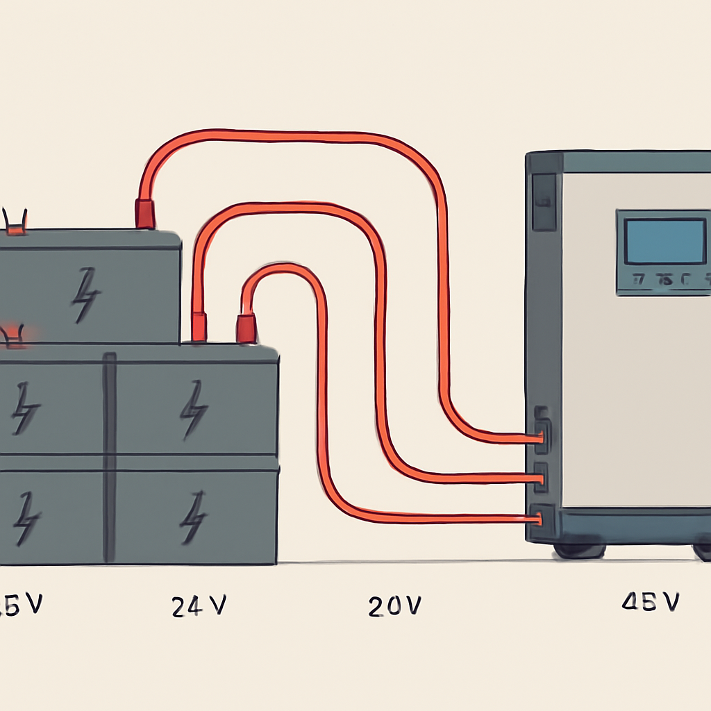 Heavy-gauge battery cables connected to a solar inverter and battery bank.