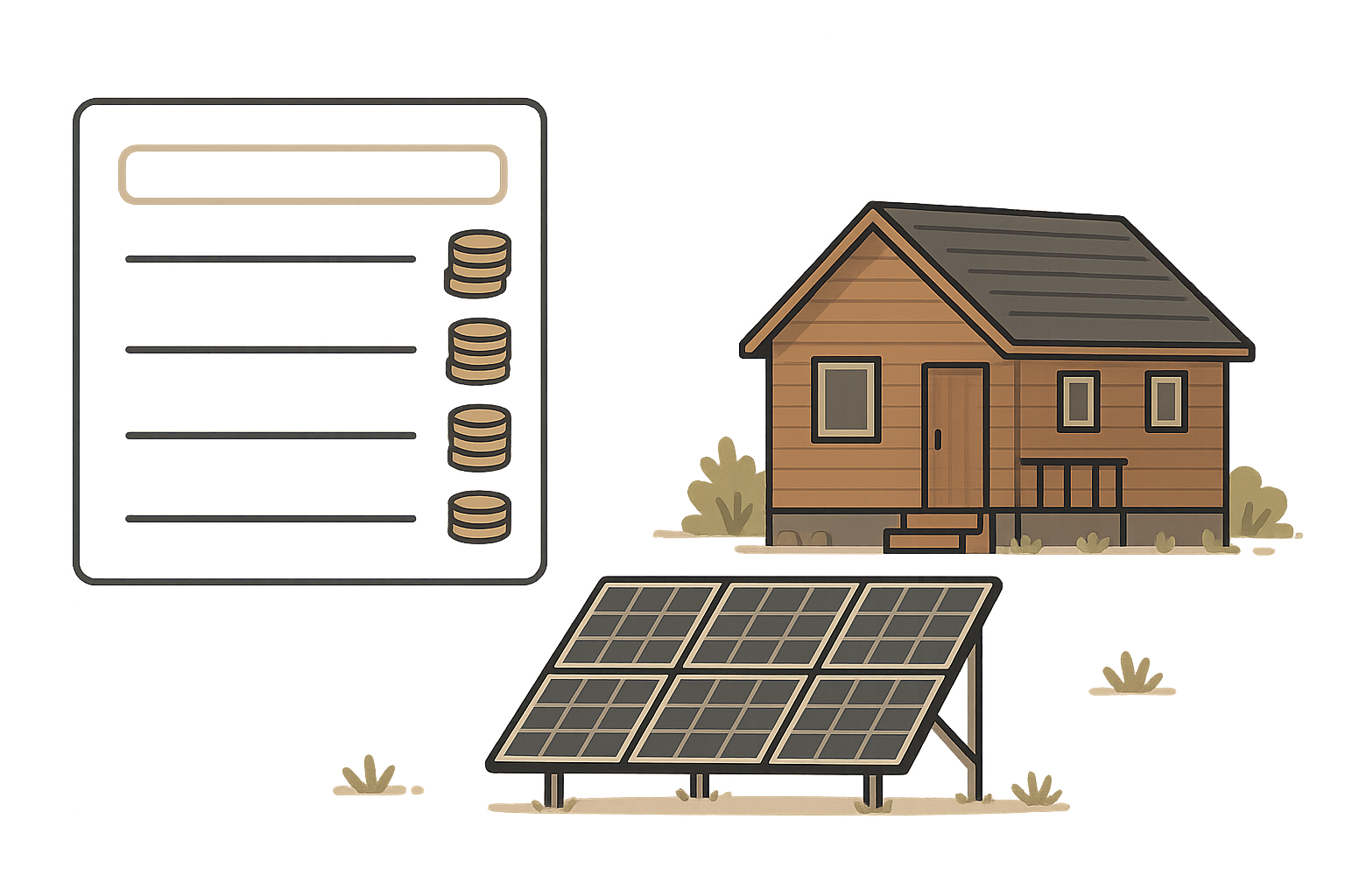 Off-grid cabin solar equipment with panels, batteries, and cost worksheet.