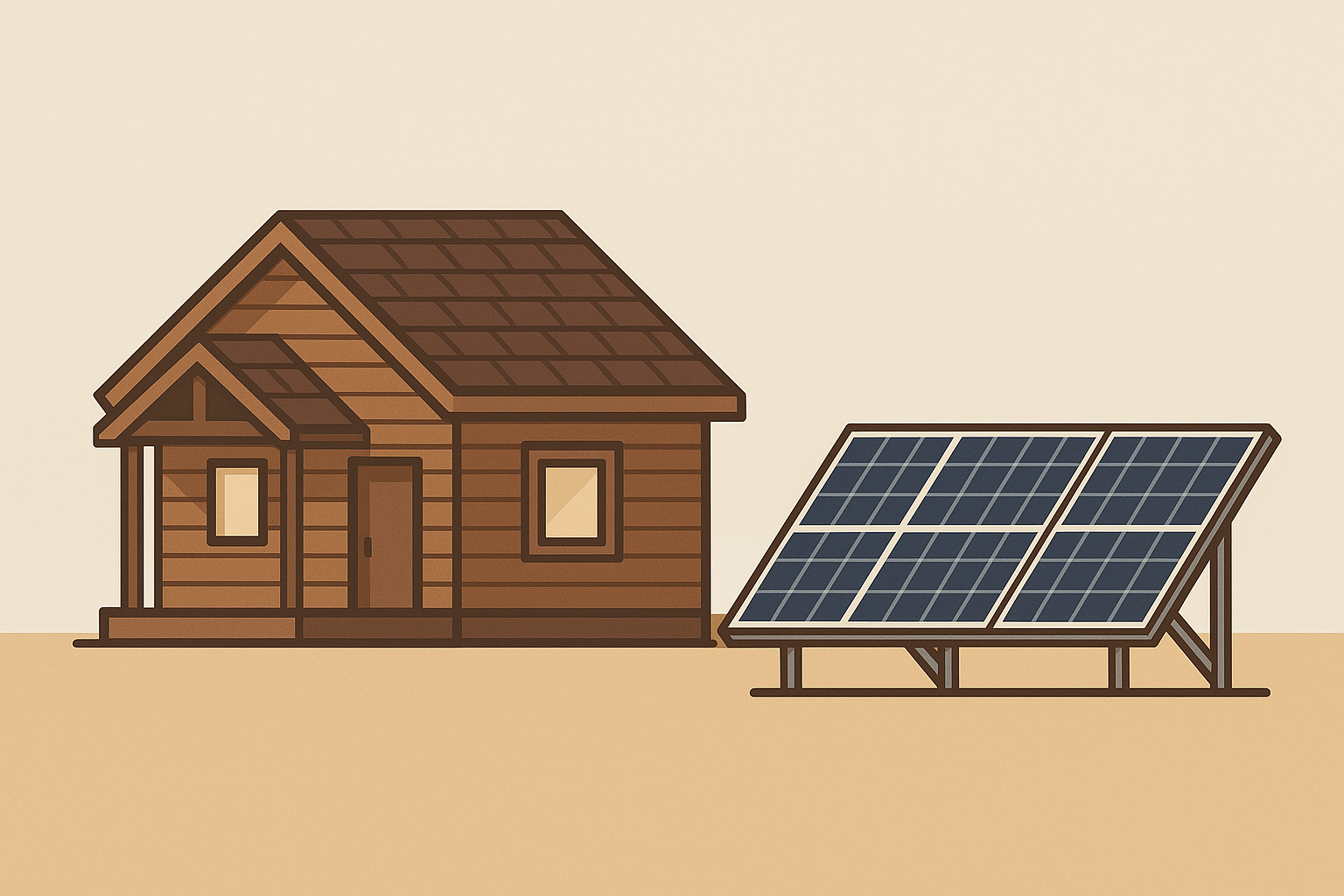 Cabin solar setup with panels and battery storage for sizing.