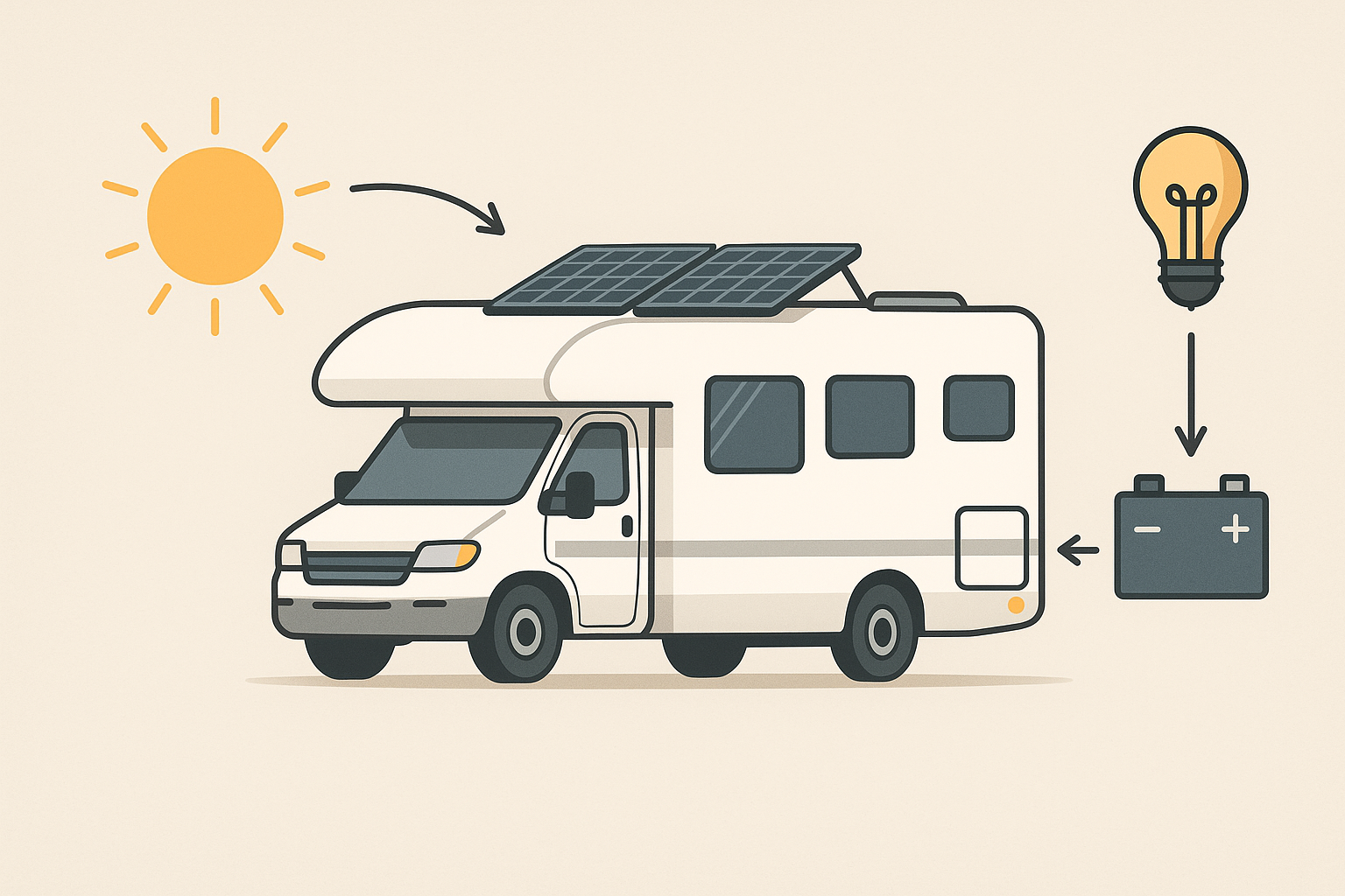 RV roof solar panels with battery and inverter layout.