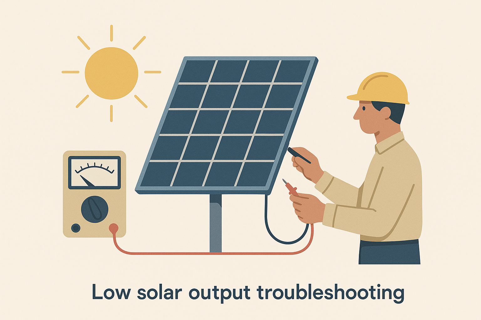 Solar array with monitoring meter for low-output troubleshooting.