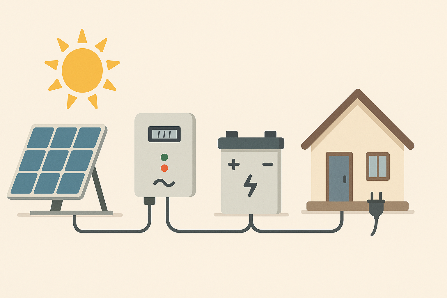 Solar system planning layout with panels, charge controller, batteries, and inverter.