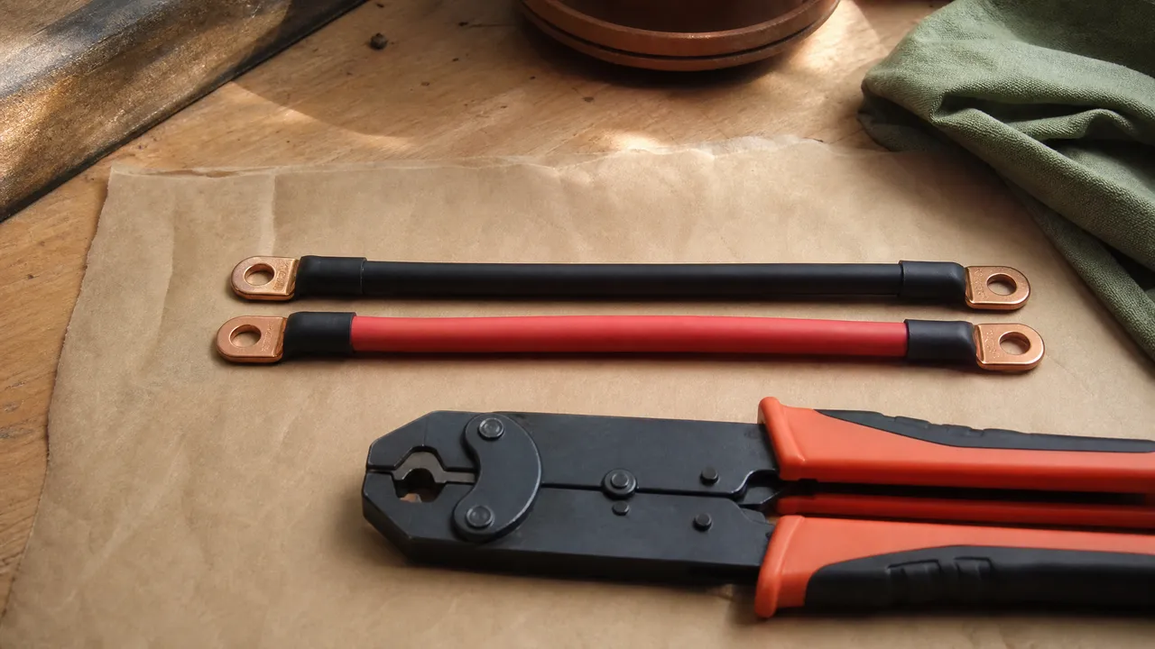 Equal-length paired battery cables with copper lugs on kraft paper beside a hex crimper.