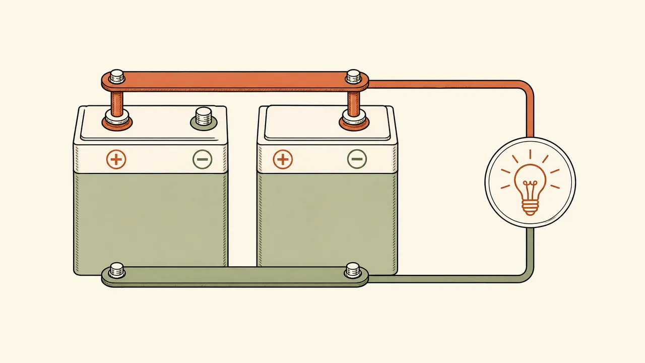 Diagram: two batteries side by side, like terminals joined by bus bars, one load path.