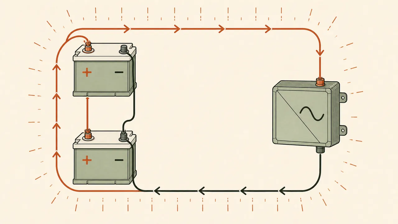 Diagram: two batteries in a loop, positive to negative, voltage arrows accumulating.