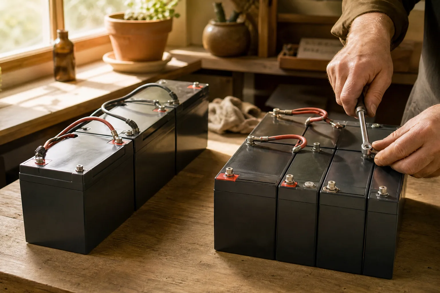 Two groups of 12V solar batteries on a workbench, one wired in series, one in parallel.