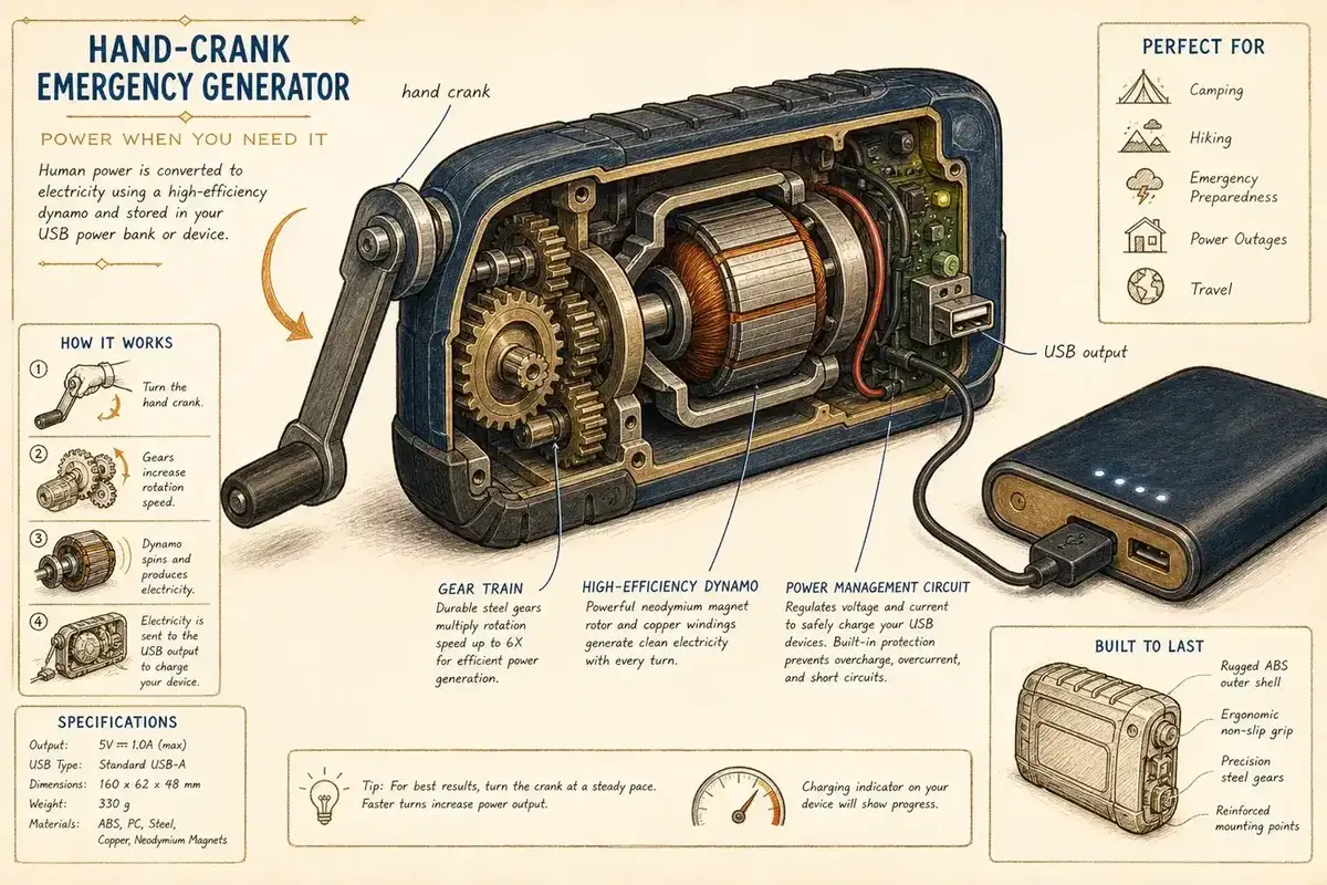 Hand-crank generator technical plate: cutaway of the dynamo and gear train charging a USB power bank