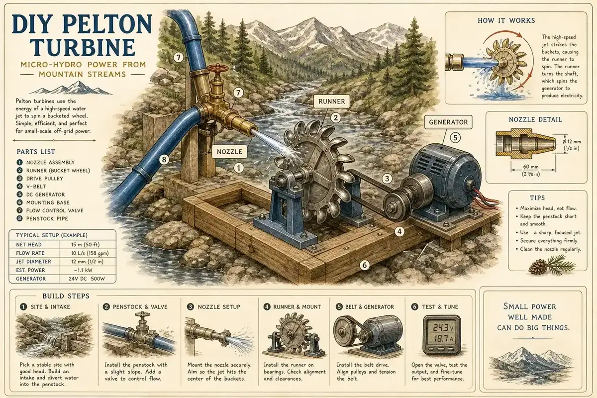 Pelton turbine technical plate: penstock nozzle driving the bucket runner and generator from a mountain stream