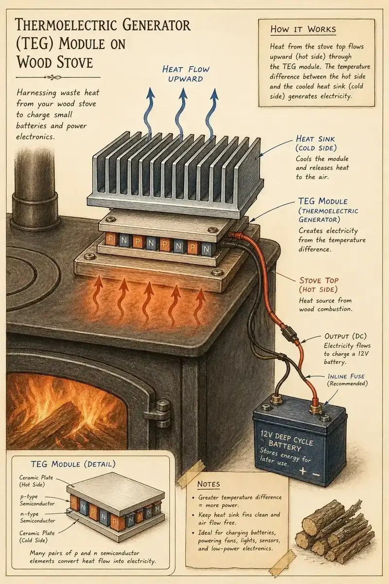 Thermoelectric generator technical plate: TEG module between stove top and heat sink, with Seebeck-effect cross-section detail