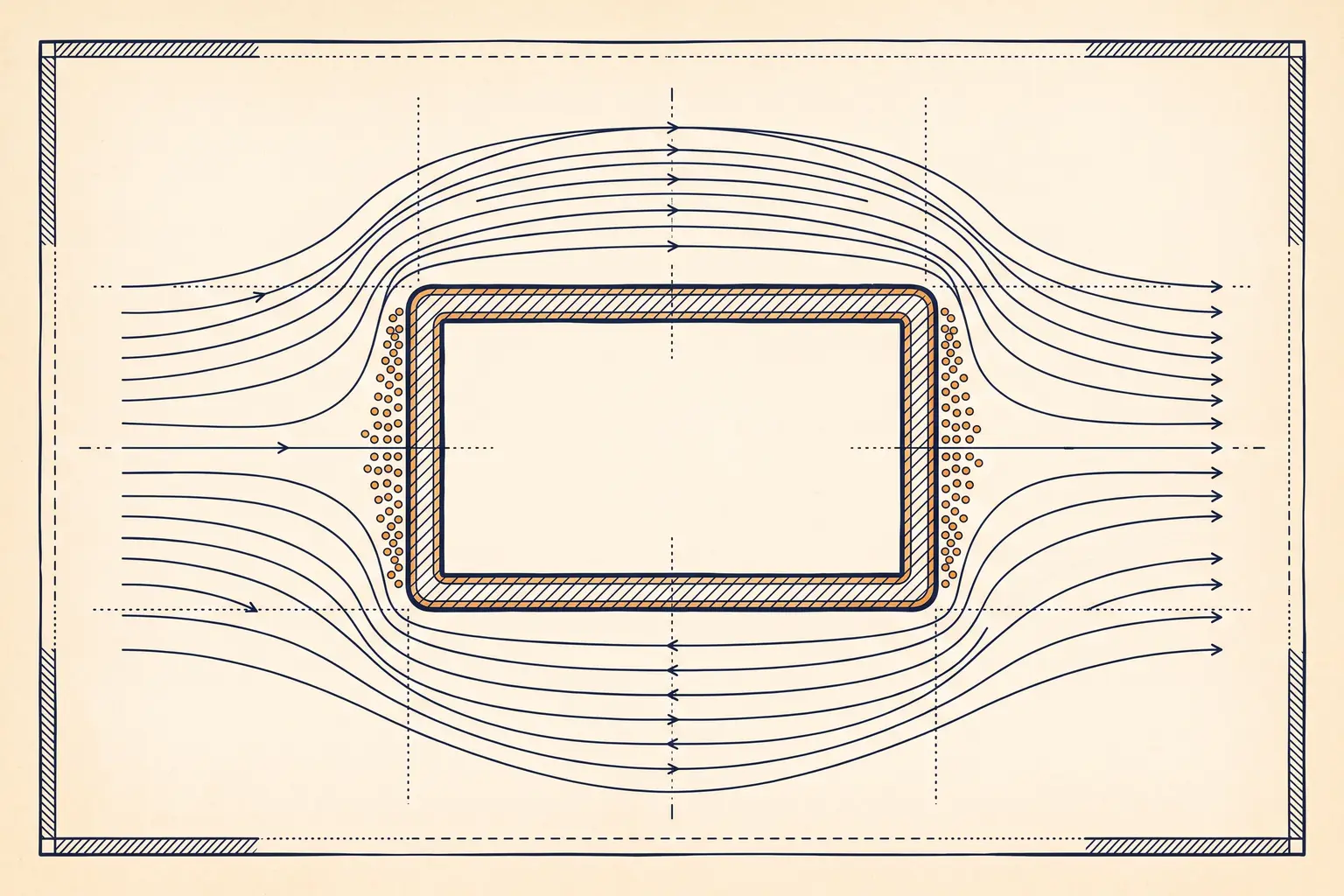 Physics-diagram illustration: external field lines deflecting around a closed conducting box whose interior stays empty, with induced charge dots on the outer surfaces.