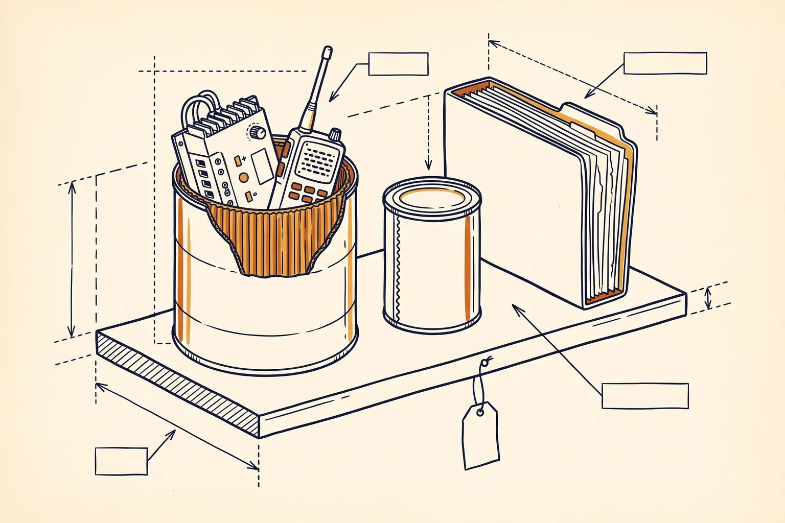 Technical-plate illustration: a shelf holding an open cardboard-lined steel can with a controller and radio, a smaller sealed can, and a documents folder with a blank tag.