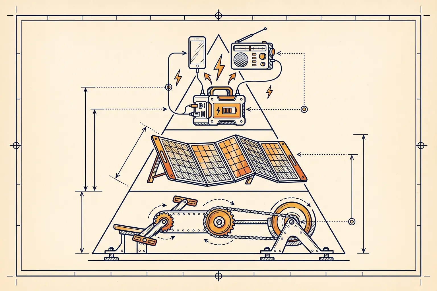 Technical-plate illustration of a three-level energy pyramid: pedal charger, folding solar panel, battery — feeding a phone and radio at the apex.