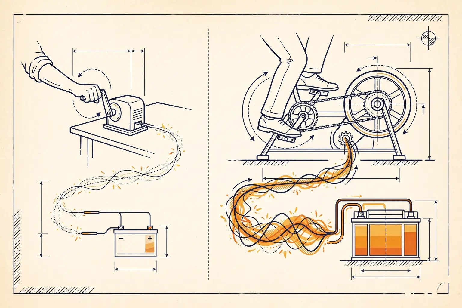 Technical-plate illustration: an arm cranking a small generator feeding a thin stream into a small battery, beside legs pedaling a larger generator feeding a wide stream into a larger battery.