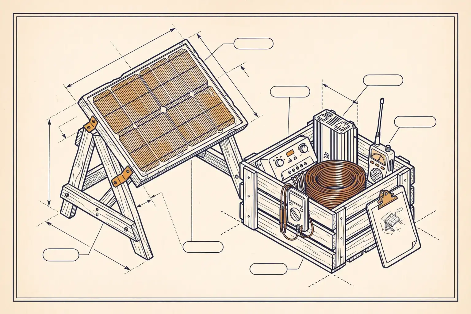 Technical plate: a salvaged solar panel on a test stand beside a labeled crate of spare electronics, multimeter, and wiring diagram