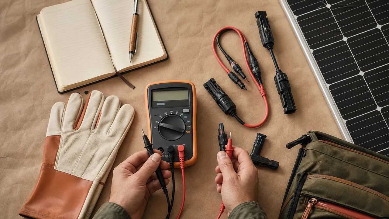 Flat-lay of a solar panel testing kit: multimeter, adapter leads, gloves, notebook.