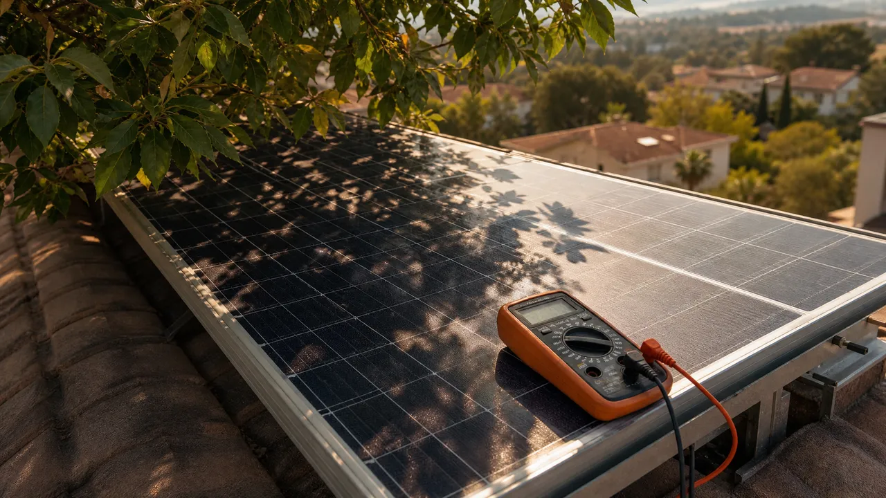 Half a solar panel shaded by a leafy branch with a multimeter resting on the frame.