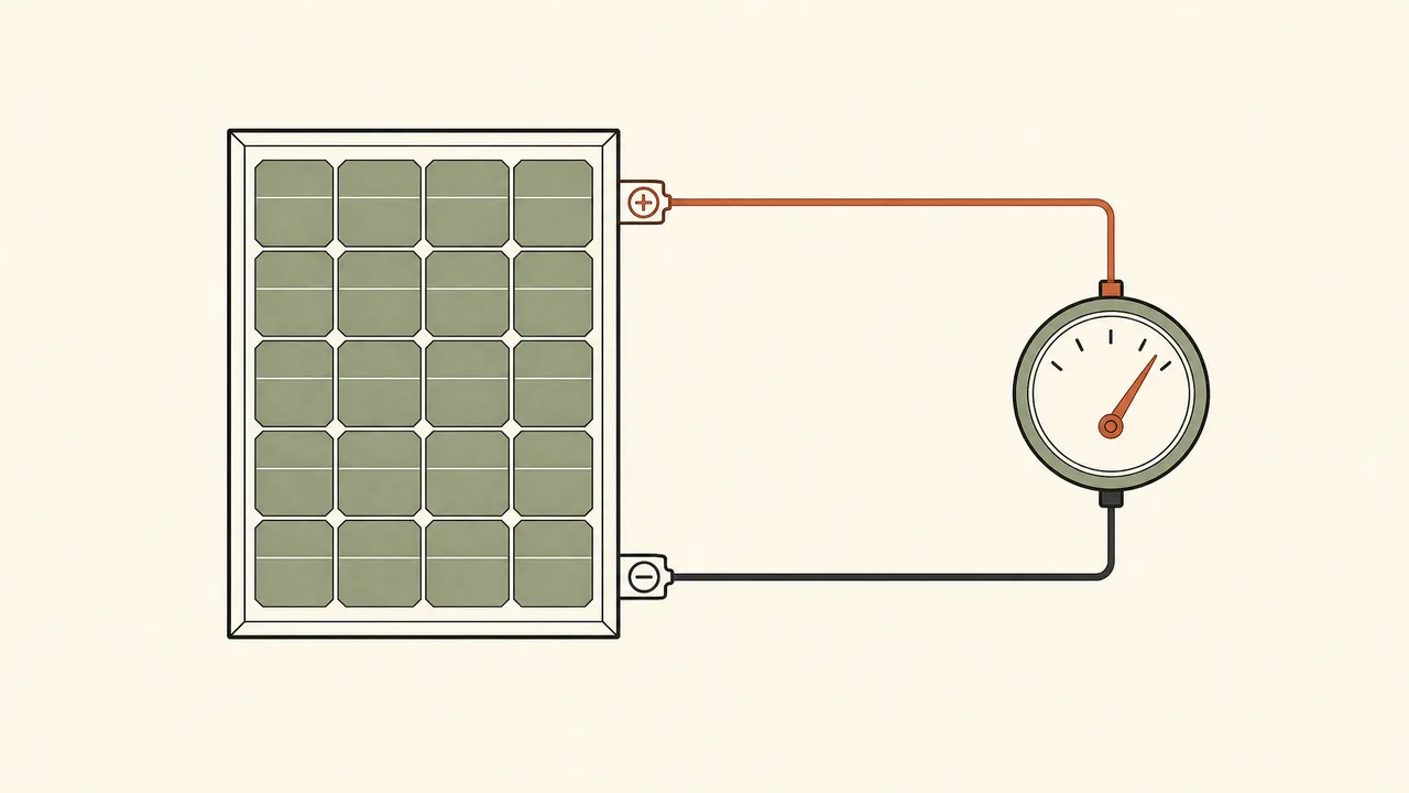 Diagram: meter connected across the panel's positive and negative leads with nothing else attached.