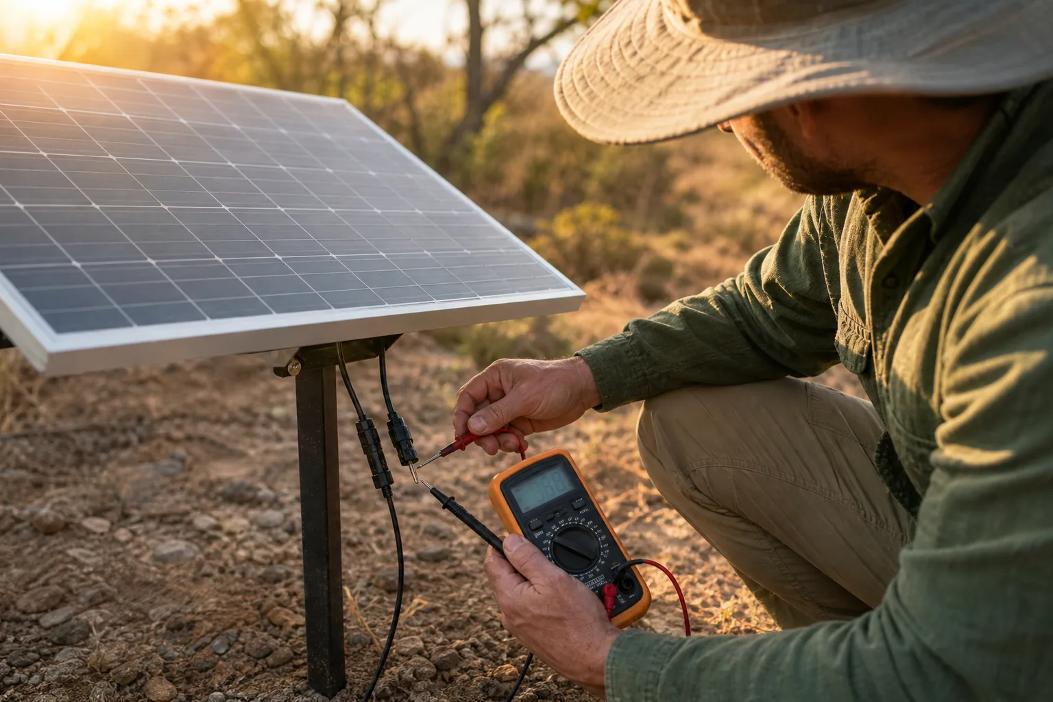 Person testing a ground-mounted solar panel with a multimeter in golden-hour sun.