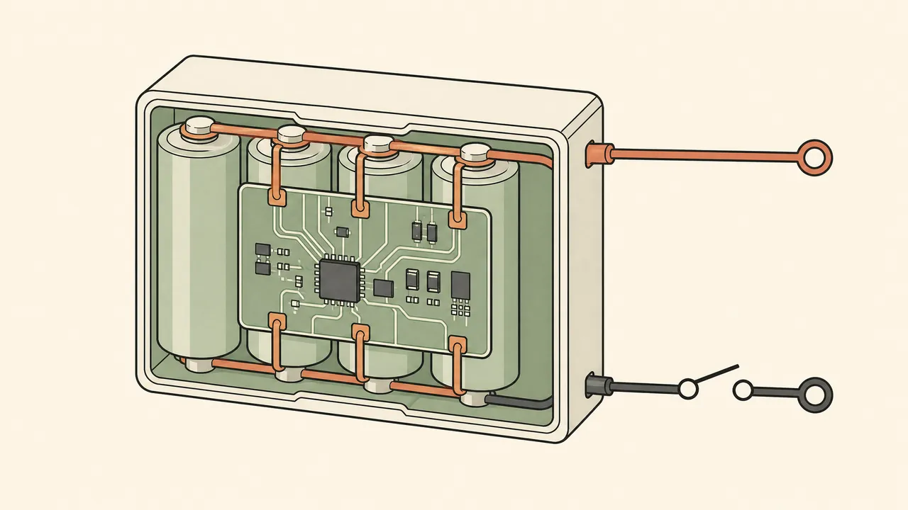 Diagram: battery pack with internal BMS board bridging cells to terminals, switch on the negative path.