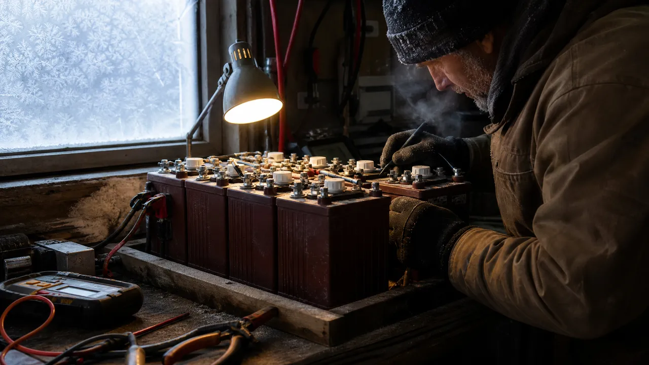 Battery bank in a cold garage with frost on the window and faint breath fog.