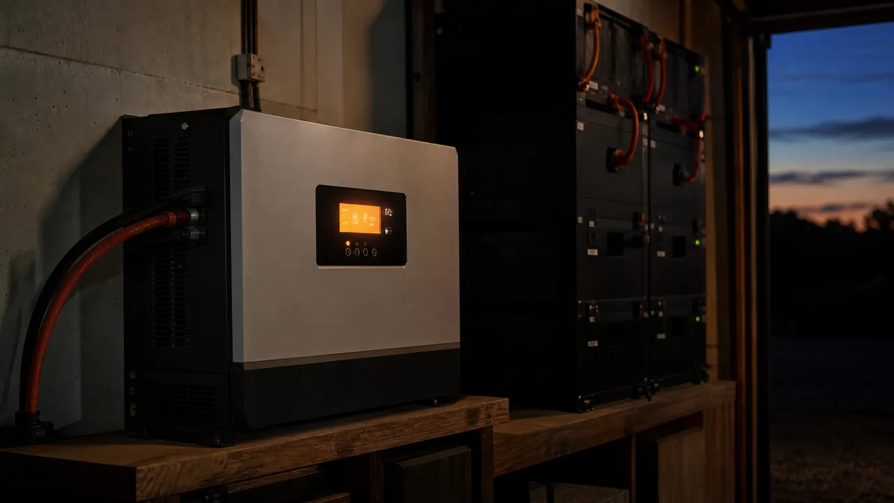 Inverter display glowing in a dim garage showing a warning state, battery bank behind.