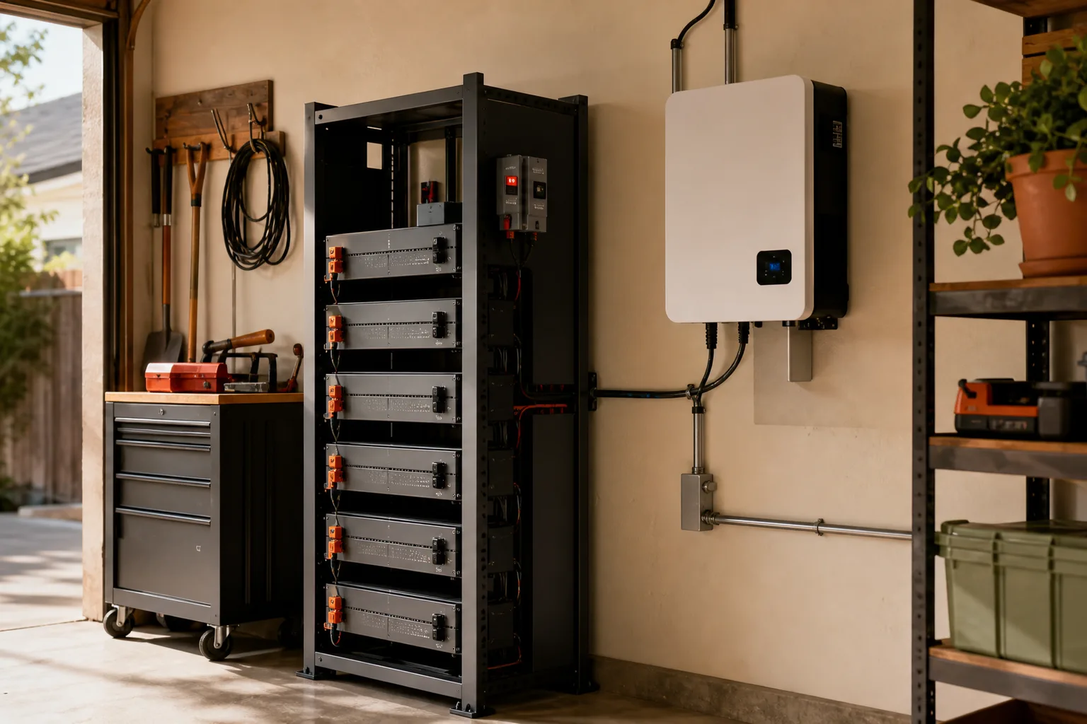 A rack-mounted LiFePO4 battery beside a wall-mounted inverter in a garage.
