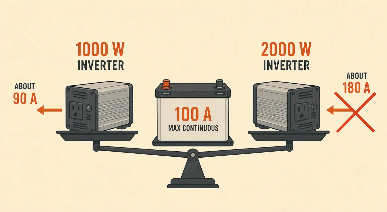 Diagram of the 100A-ceiling math — a 1000W inverter draws about 90A (inside the limit); a 2000W inverter about 180A (past it, crossed out)