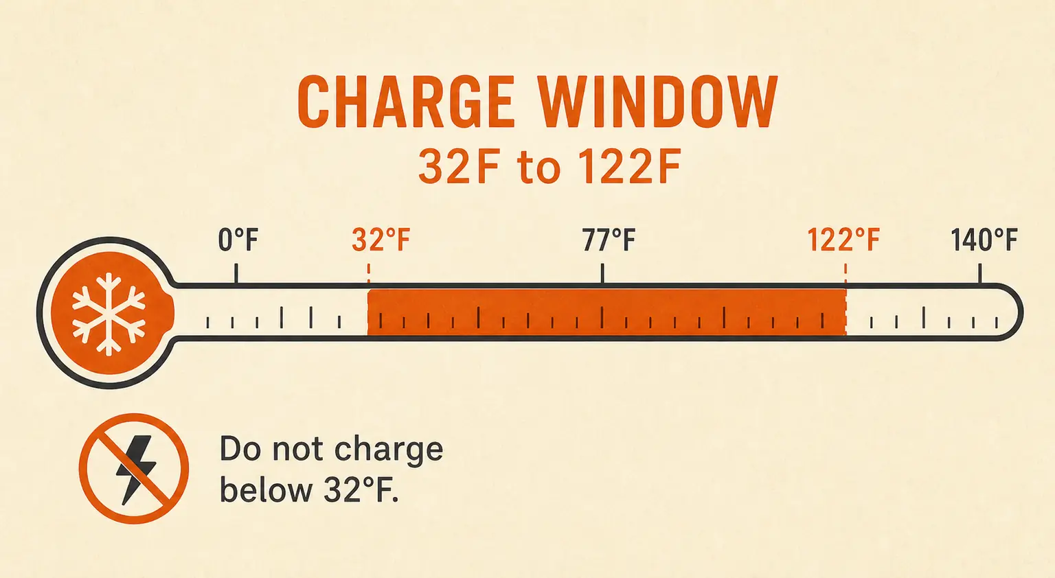 Diagram of the 32F-to-122F charge-temperature window with charging blocked below freezing