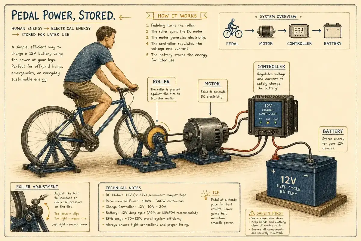 Pedal-powered generator technical plate: bicycle rear roller driving a motor through a charge controller into a 12V battery