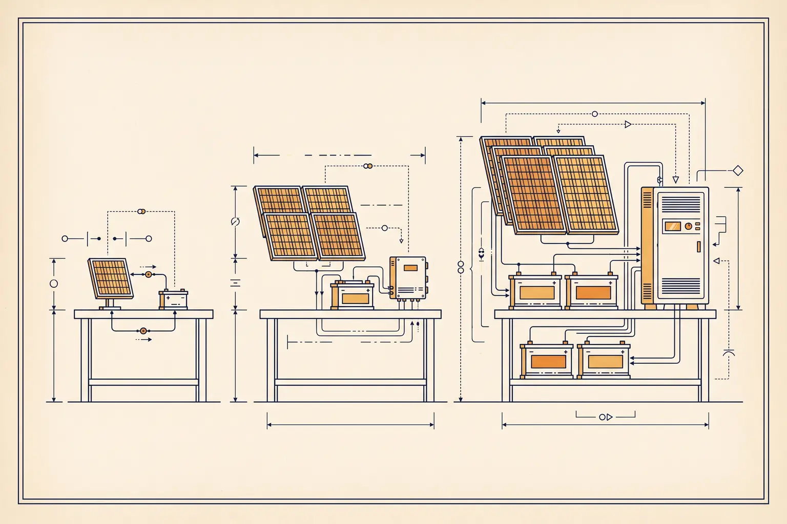 Technical-plate illustration: three workbenches with progressively larger solar systems from one panel to a large array with battery bank and power station.