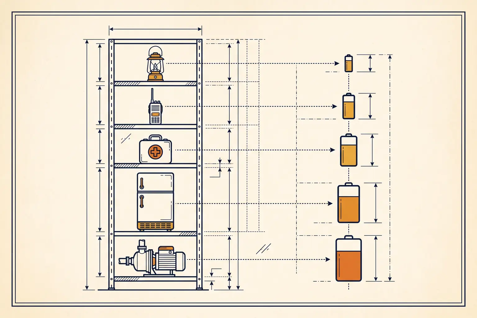 Technical-plate illustration: a five-shelf priority ladder from lantern to water pump, each shelf tied to a progressively larger battery.