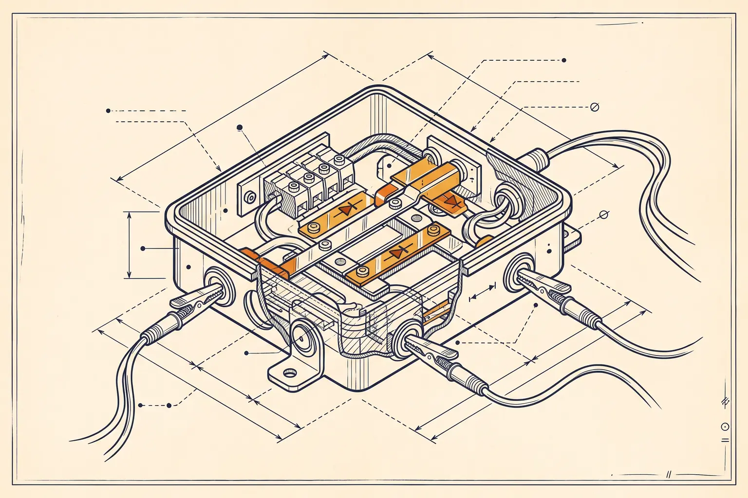 Cutaway technical-plate illustration of a solar panel junction box showing bypass diodes and two test probes.