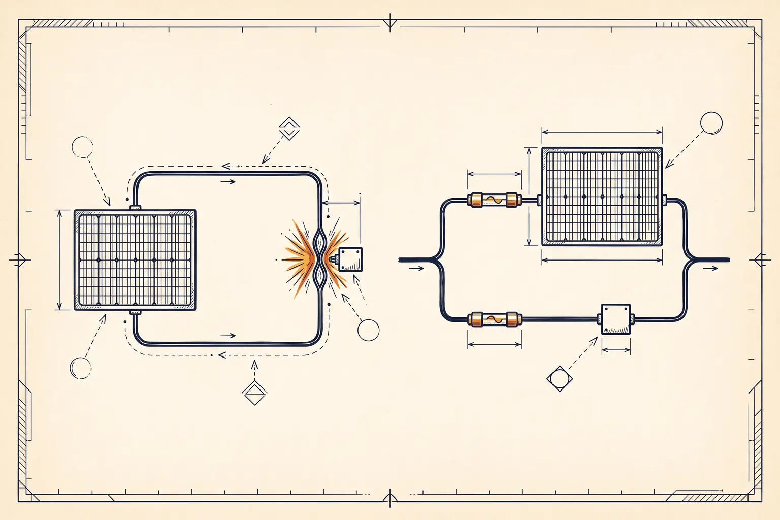 Technical-plate illustration contrasting a bottlenecked series path with two fused parallel branches.