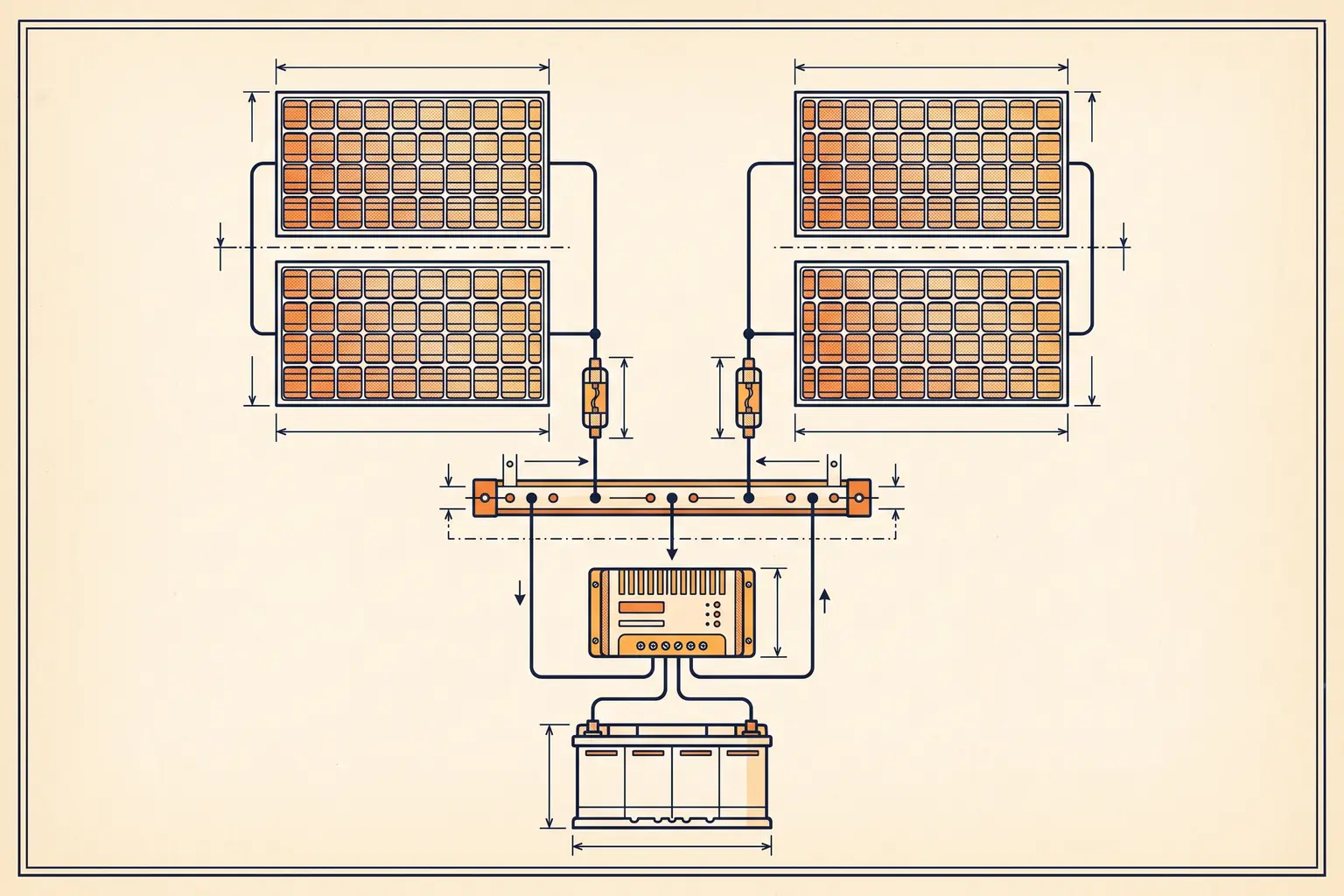 Technical-plate wiring diagram: four panels as two fused strings converging on a busbar, then a controller, then a battery.