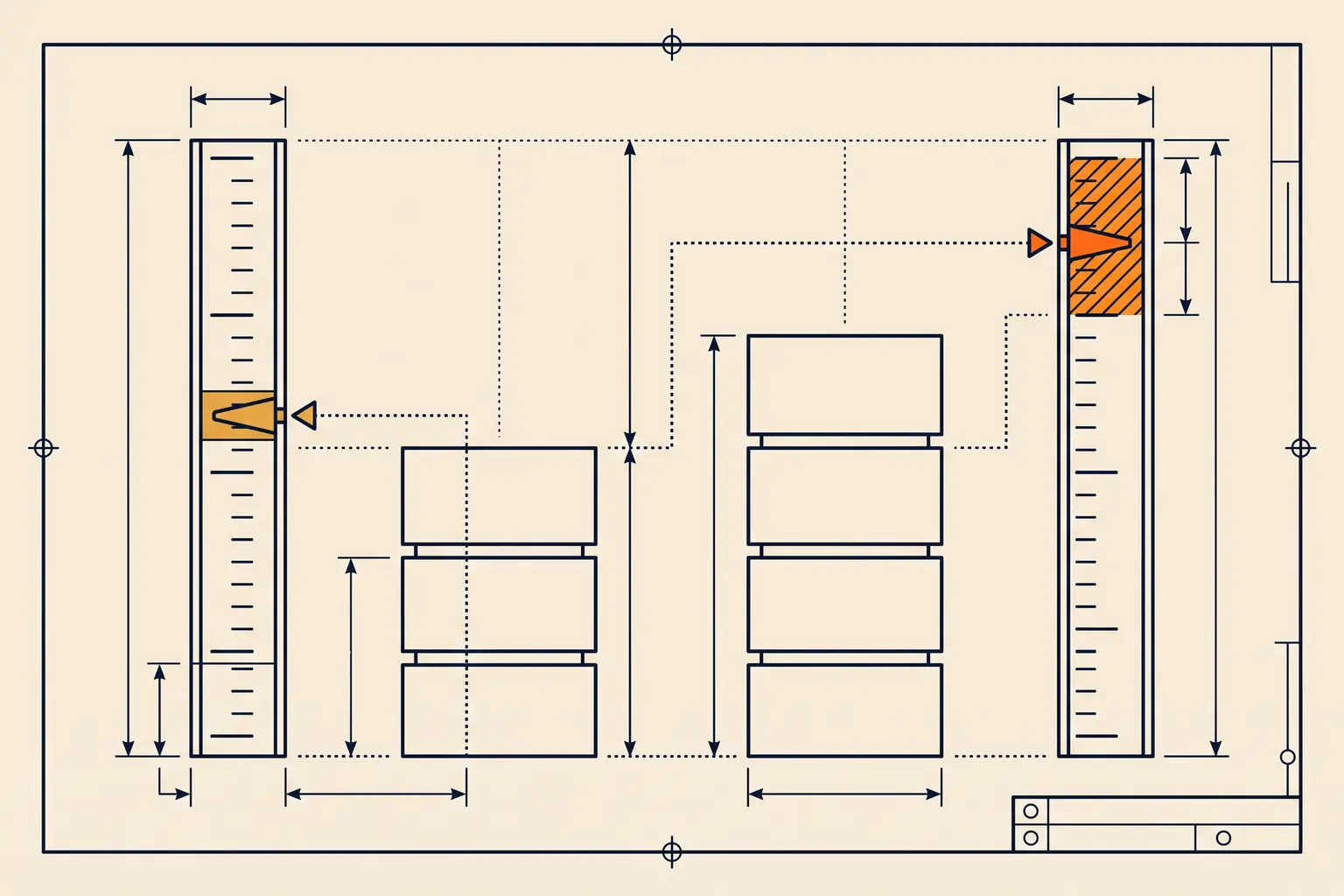 Technical-plate illustration: two gauge columns beside panel stacks — one marker at a comfortable mid-scale, the other pushed into a hatched warning band near the top.