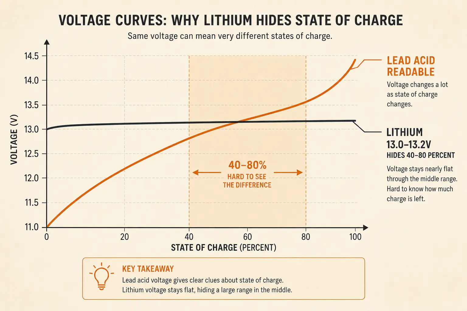 Chart showing why lithium's flat voltage curve hides state of charge between 40 and 80 percent