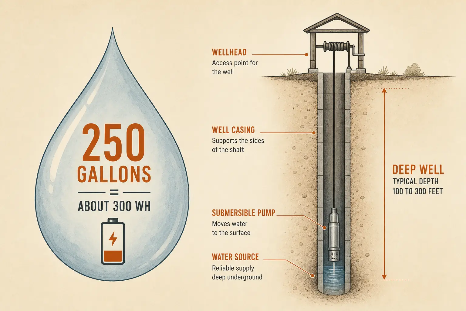 Diagram of the roughly 300 watt-hours per day needed to pump 250 gallons from a 200-foot well