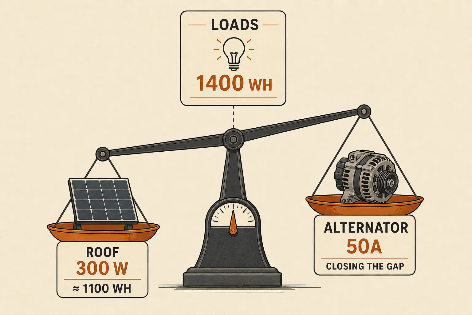 Diagram balancing roof solar against alternator charging to cover a 1,400Wh-per-day van load