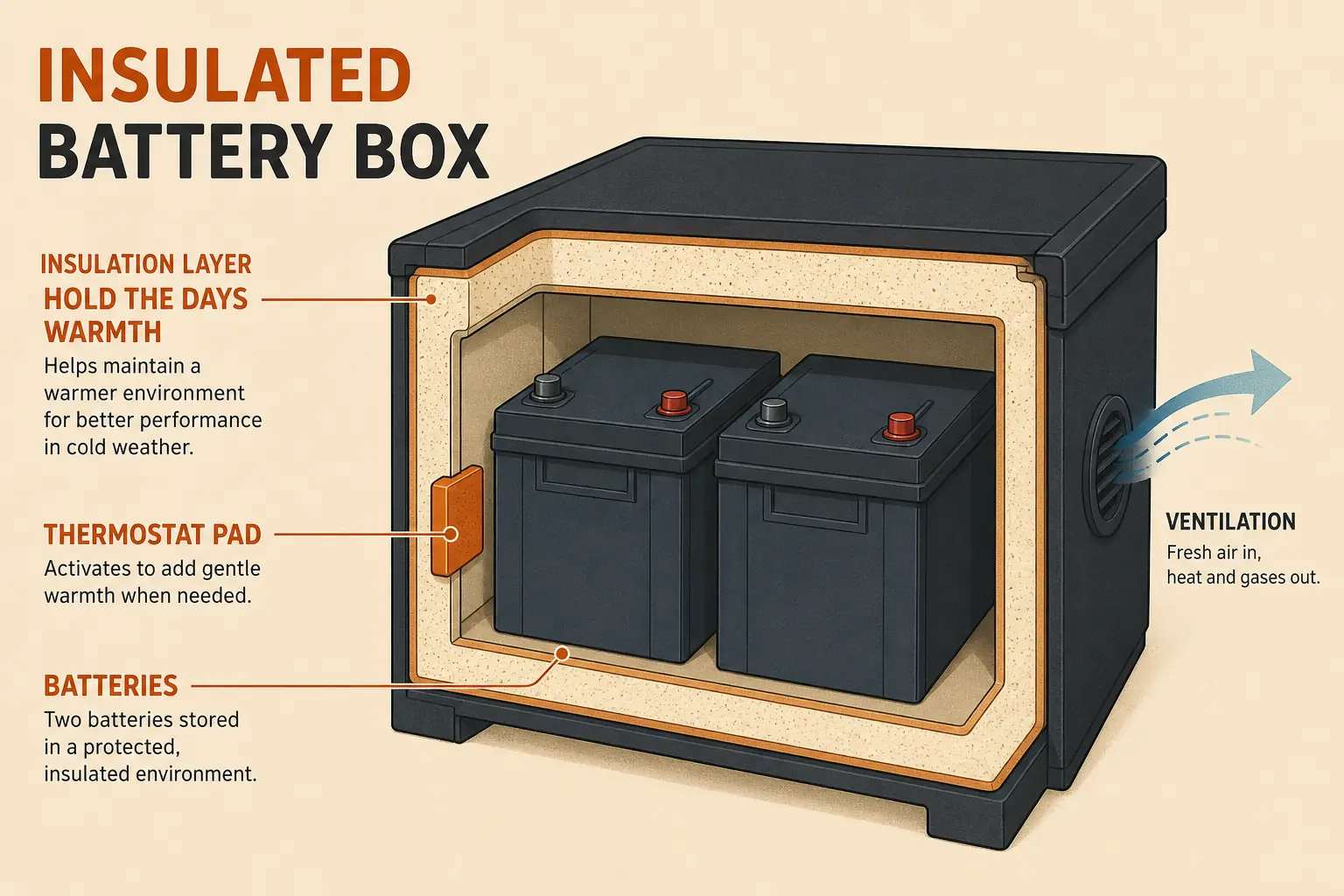 Diagram of an insulated winter battery box with thermostat-controlled pad and ventilation